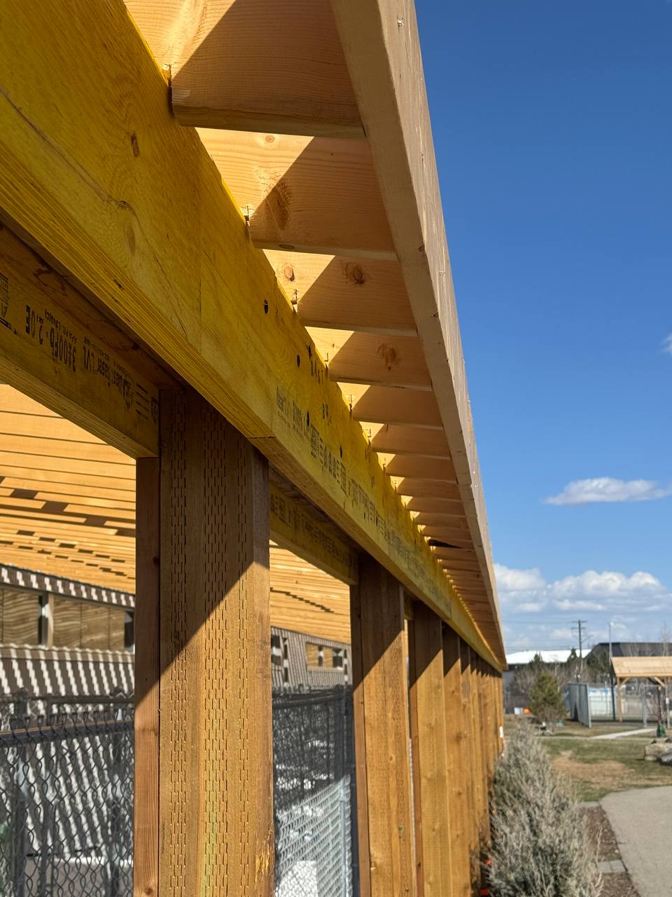 Completed wooden pergola structure with exposed beam supports and lattice panels creating shade over